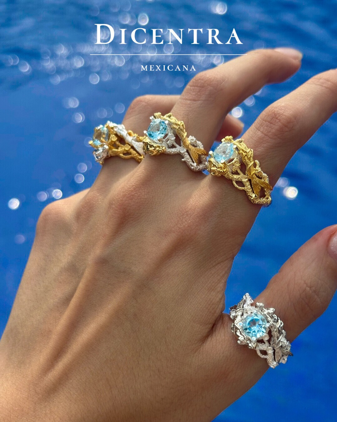 Anillo de plata .925 inspirado en sirena con topacio azul de 7 mm, hecho a mano por Dicentra Mexicana.